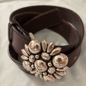Michael Kors Brown Leather Belt with Ornate Silver Buckle